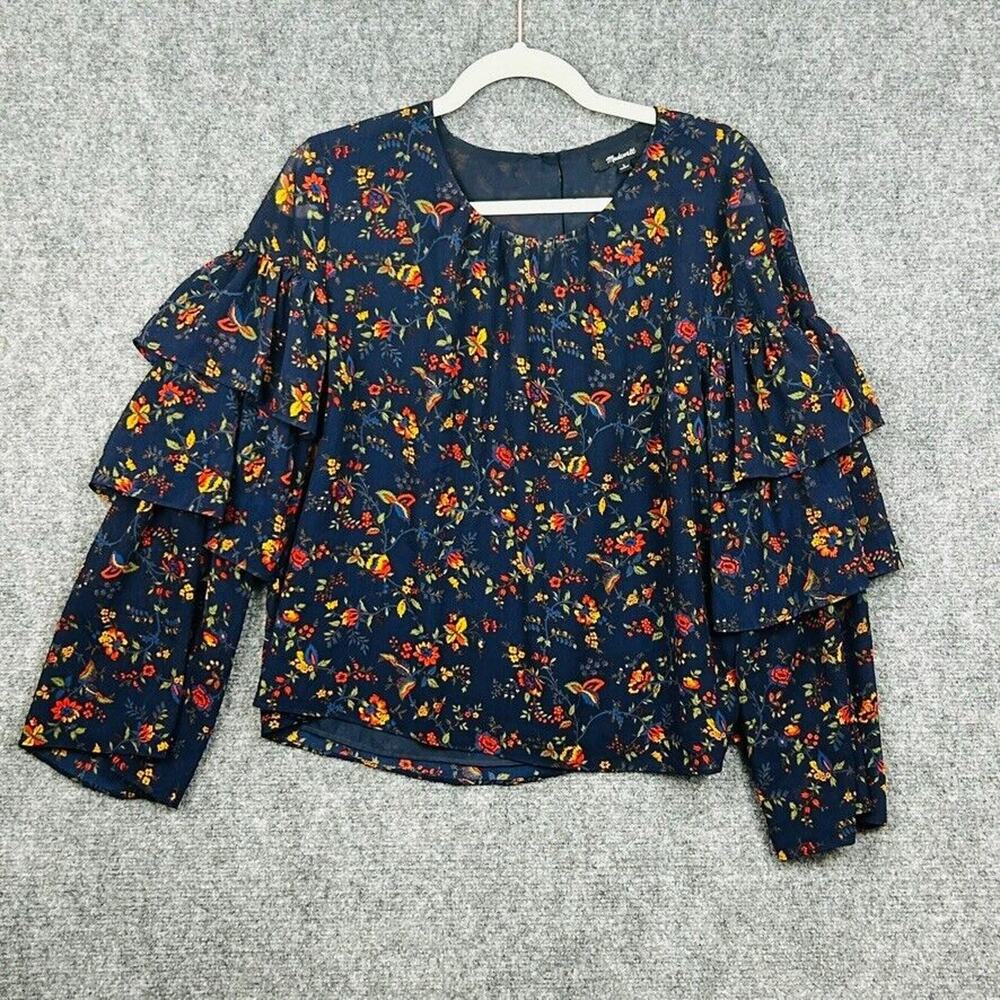 Madewell Blue Floral Ruffle Sleeve in Climbing Vine Blouse Shirt Top Size Large